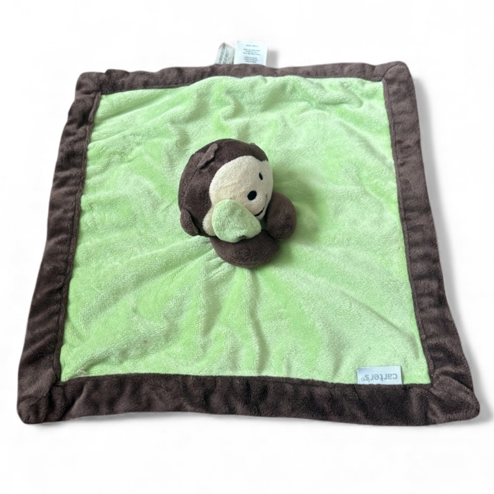 Carters Brown Monkey Smile Lovey Green Security Baby Blanket Fleece Toy Vintage